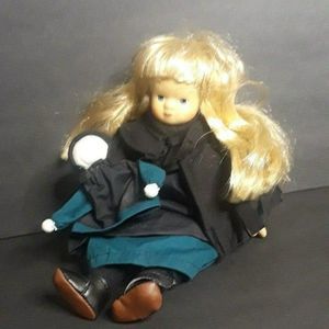Cute doll dressed in black frock dress 9" victorian frock poppet glass and cloth